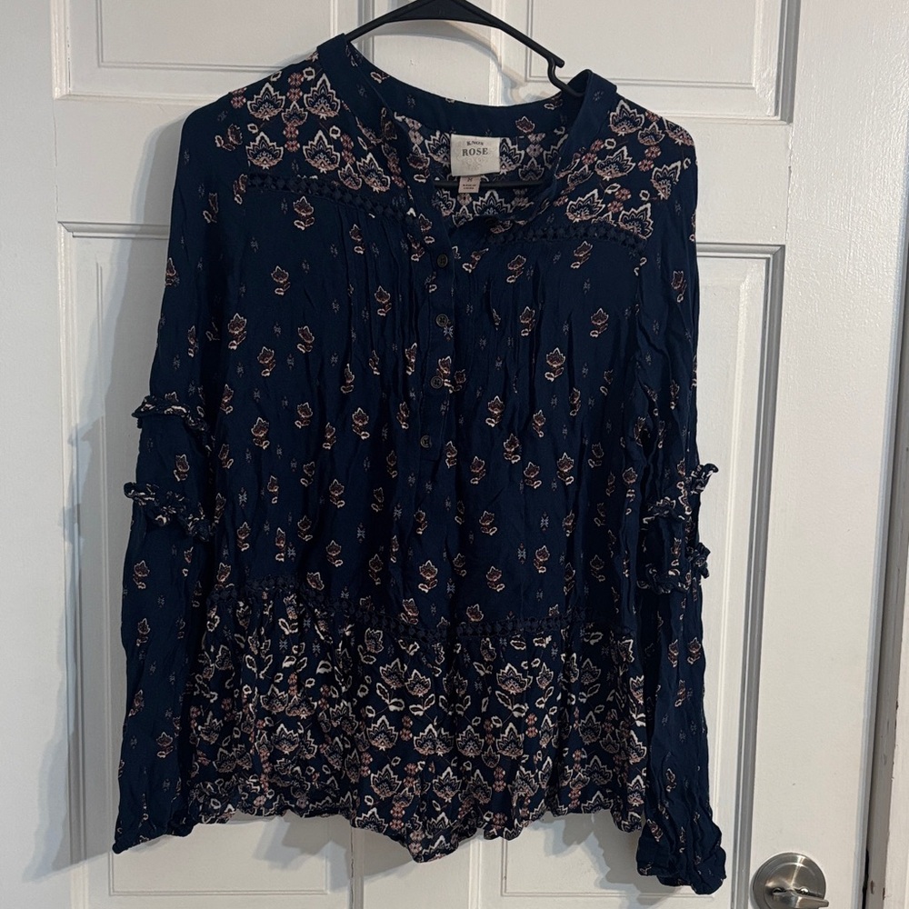 Navy Printed Long-Sleeve Peasant Blouse